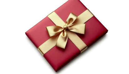 Red gift box with gold ribbon and bow on white background. Top view. Festive present concept. Holiday celebration. Square package