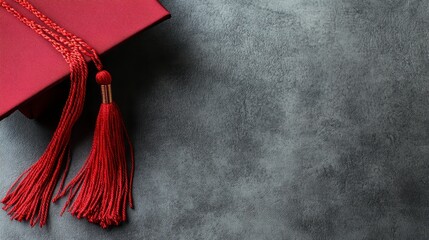 Red graduation cap with tassel on dark gray textured background. Close up view, copy space. Academic achievement concept