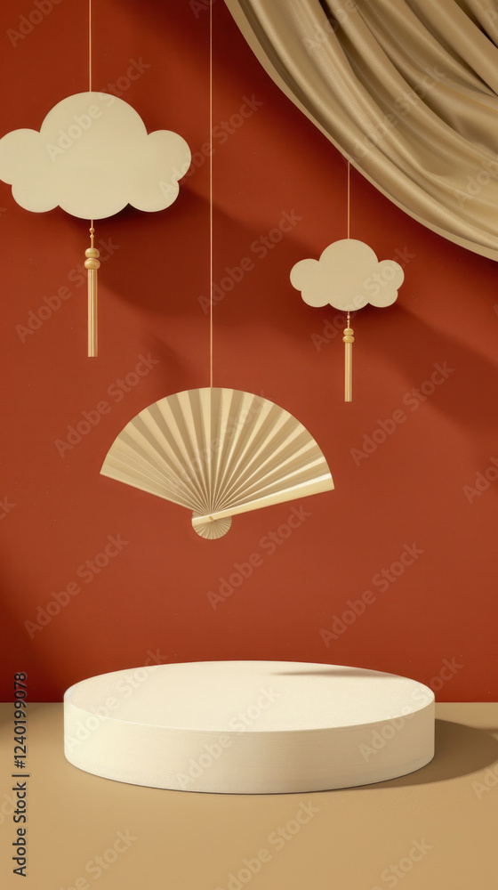 Poster chinese display setup with decorative fan and cloud elements against a warm background
