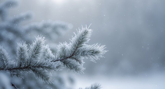 Winter background close up of frosted pine branch on a snowing day with copy space