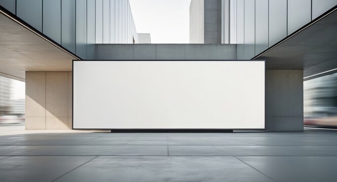 Dynamic blank billboard display on modern building exterior in urban setting captured from ground level