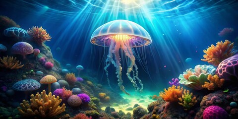 Obraz premium Ethereal Jellyfish Gliding Through a Vibrant Coral Reef