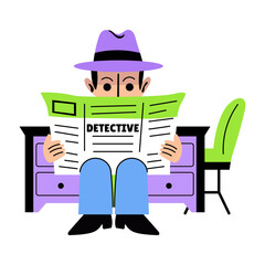 Detective hiding his face behind the newspaper, flat style illustration 

