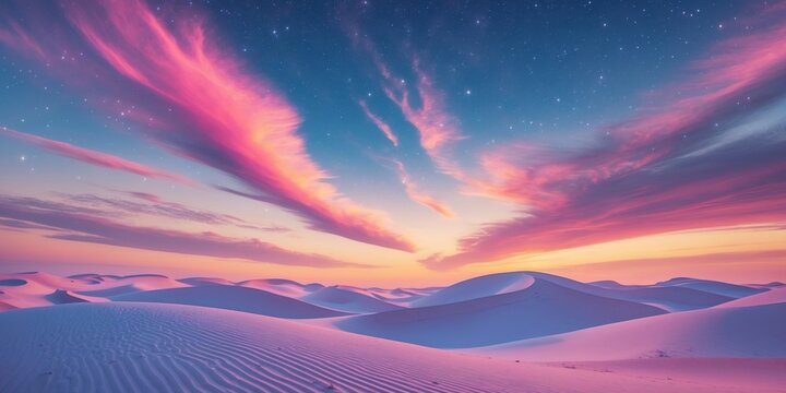 Vibrant twilight sky over sand dunes with starry night and colorful clouds Copy Space