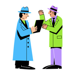 A flat illustration of secret discussion between two detectives 


