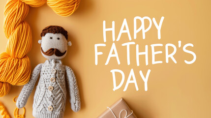 Obraz premium Festive Father’s Day Celebration with Yarn, a Doll, Gift Box, and Cheerful Colors in Background