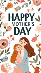 Illustration Celebrating Mother's Day with Floral Background and Embracing Figures
