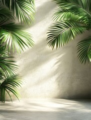 Tropical green palm leaves framing a textured wall with soft sunlight casting shadows on the floor