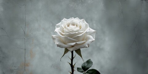 Close up of a white rose with a textured gray vintage background