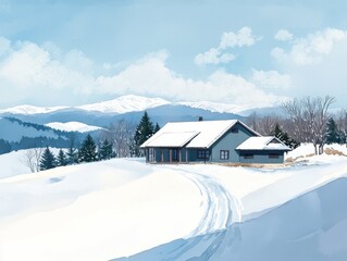 Tranquil snowy landscape featuring traditional japanese house serene winter scene soft ink tones