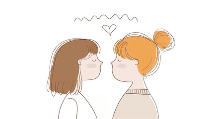 A minimalist-style illustration of two gay women sharing a sweet moment, with a heart symbolizing love and unity between them.
