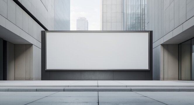 Dynamic blank billboard display on modern building exterior in urban setting captured from ground level.