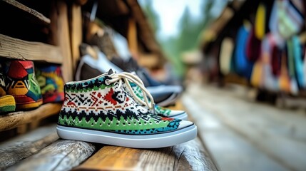 Handmade ethnic sneakers with colorful woven patterns displayed on a rustic wooden market stall, surrounded by traditional handcrafted items.


