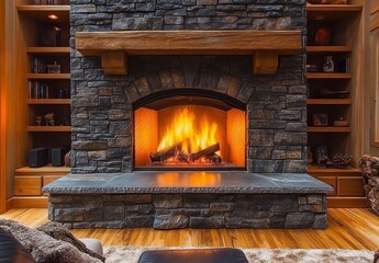 Warm inviting fireplace with glowing embers, rustic stone mantel and hardwood floor. Cozy home interior scene with built in shelving