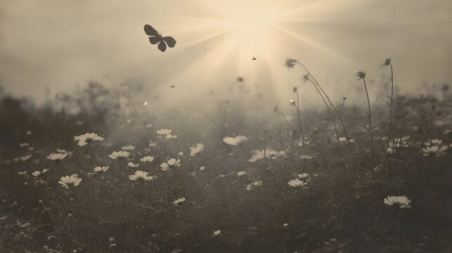 Sepia toned dreamy field with butterfly and cosmos flowers