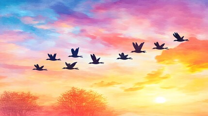 Obraz premium Silhouette Birds Flying Sunset Sky Landscape