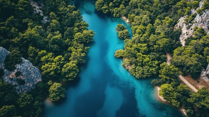 Aerial view of a turquoise river winding through a dense forest with rocky cliffs on the side