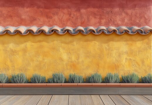 Rustic Mediterranean wall with red and yellow stucco, terracotta roof tiles, and a low planter with green plants in front of a wooden deck. Warm