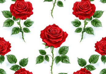 Seamless pattern of red roses with green leaves on a white background. Watercolor style illustration of romantic flowers. Perfect for textile