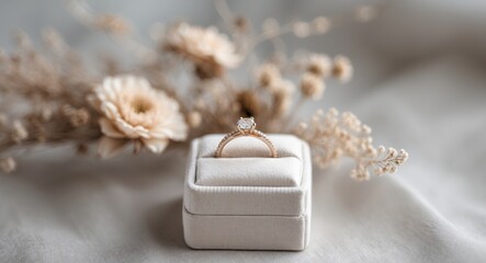 Wedding ring resting on elegant ring box with dried flowers decoration.