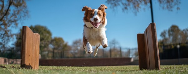 Joyful Brittany Spaniel in Mid-Air Leap Over Agility Hurdles