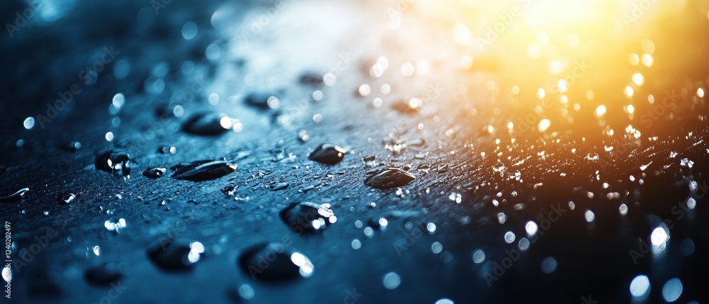 Aufkleber water drops on dark surface with light reflecting creating a beautiful bokeh effect