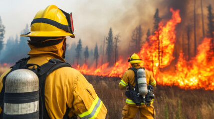 Firefighters Combat Wildfire Near Forest During Daytime in Dramatic Landscape Scene