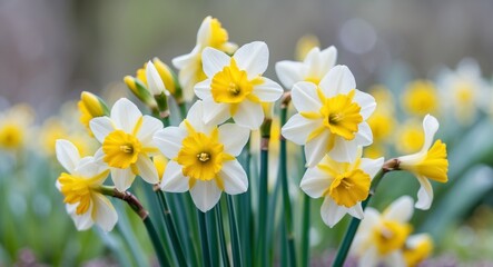 Obraz premium Close up of yellow narcissus flowers freshly bloomed in an outdoor flowerbed.