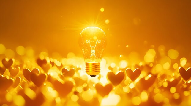 Golden Hearts and Bright Idea Light Bulb Abstract Background