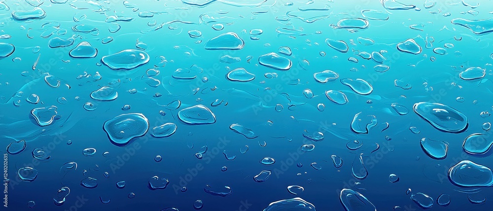 Poster water droplets on a blue surface creating a fresh and clean abstract background texture