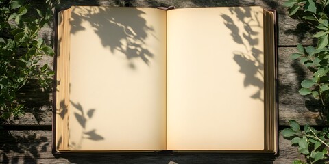 Fototapeta premium Open Antique Book with Leaf Shadows on Wood