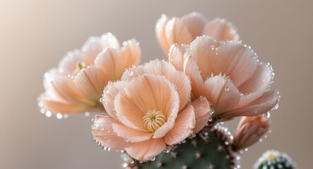 Peachy cactus flowers blooming with dewdrops on petals