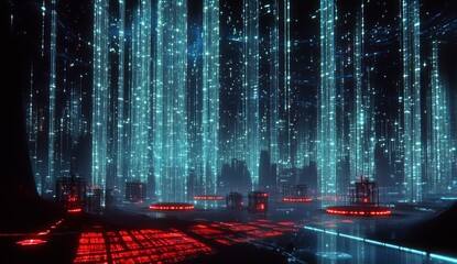 Futuristic city at night with glowing digital rain.