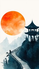 Fototapeta premium Serene sunrise mountain landscape japanese minimalist art tranquil environment artistic viewpoint