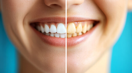 Before and After Teeth Whitening Comparison Smiling Woman with Healthy and Stained Teeth