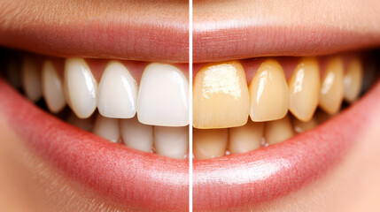Comparison of Healthy White Teeth and Yellow Stained Teeth Smiling Perfectly in Split Image