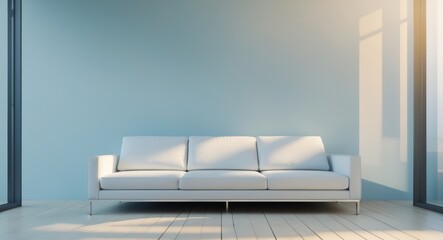 Modern living room with white sofa blue walls and natural light
