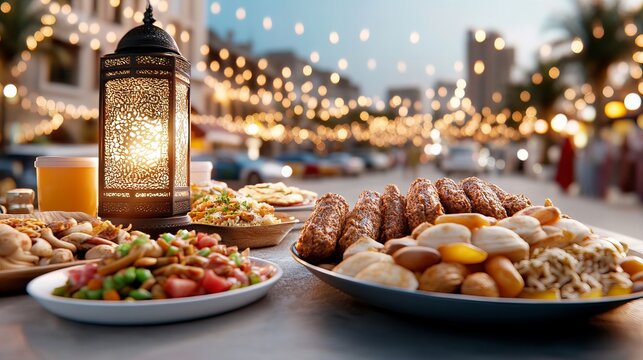 Middle eastern feast at outdoor market during evening - Powered by Adobe