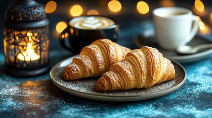 Golden croissants on plate with coffee and candlelit ambiance Ramadan celebration