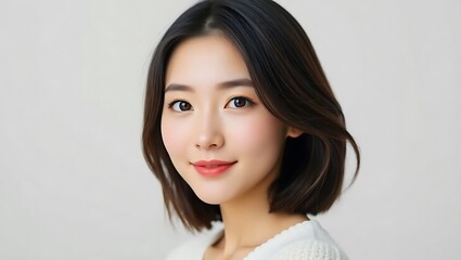 Naklejka premium Front-Facing Portrait of a Young Korean Woman with Round Face and Perfect Symmetry