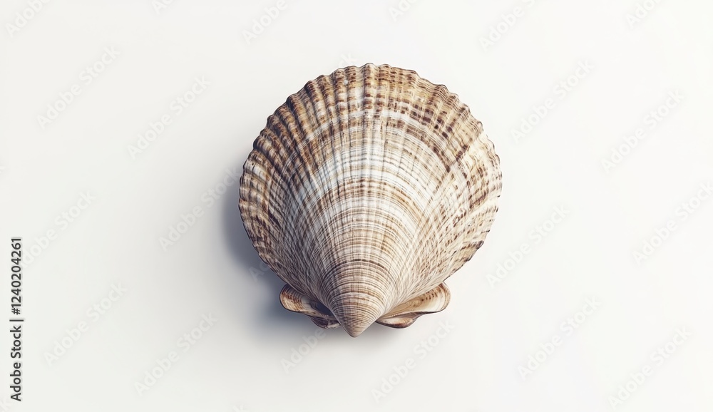 Poster overhead shot of a single scallop shell on a white background. the shell is light brown and white wi