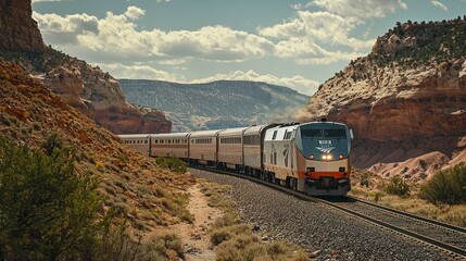 The Southwest Chief train passing through a canyon, with mountains and rugged terrain in the background.