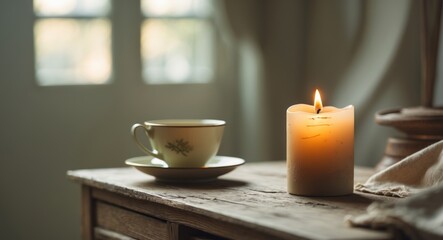 Cozy Interior with Burning Candle and Teacup