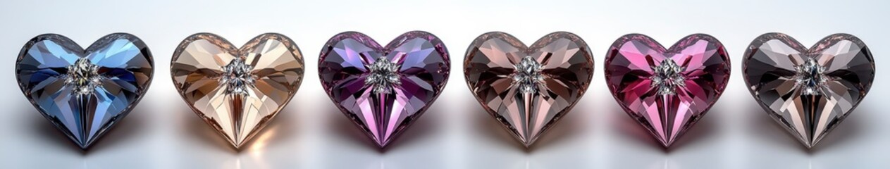 Fototapeta premium Six heart shaped crystals in varying colors, including purple, blue, pink, and beige, arranged in a row against a white background. Each crystal