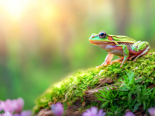 Colorful Frog Sitting on Green Moss in a Lush Forest Nature Scene with Soft Light