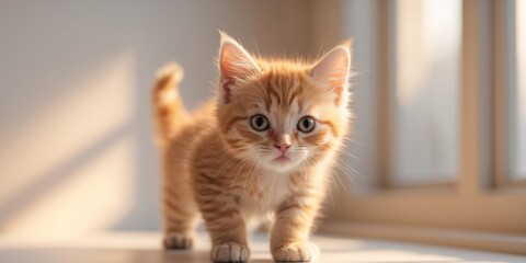 Cute orange tabby kitten looking curiously at its surroundings in soft natural light indoors