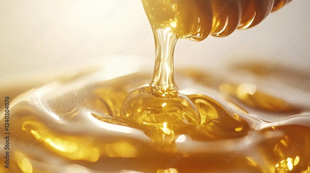 Poster golden liquid pouring with light reflection creating a smooth and flowing texture closeup view