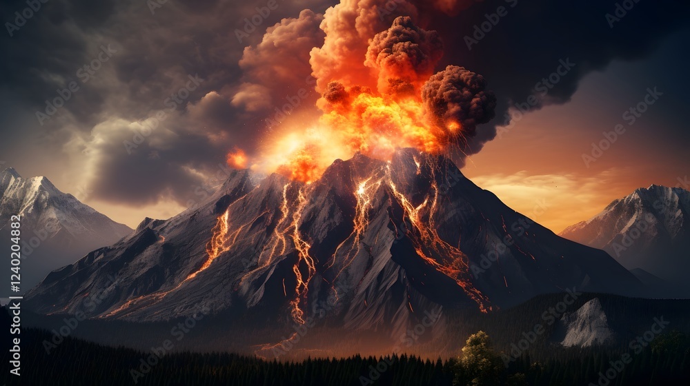 Poster dramatic and powerful volcanic eruption with glowing molten lava flows cascading down the slopes of 