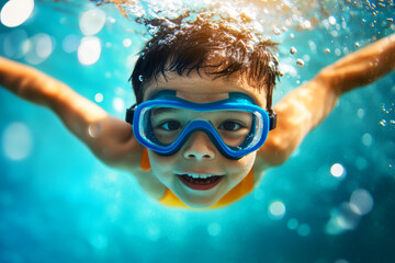 Fototapeta premium Happy Child Swimming Underwater with Blue Goggles in a Bright Clear Pool