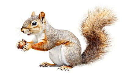 A Red Squirrel Holding a Nut on White Background